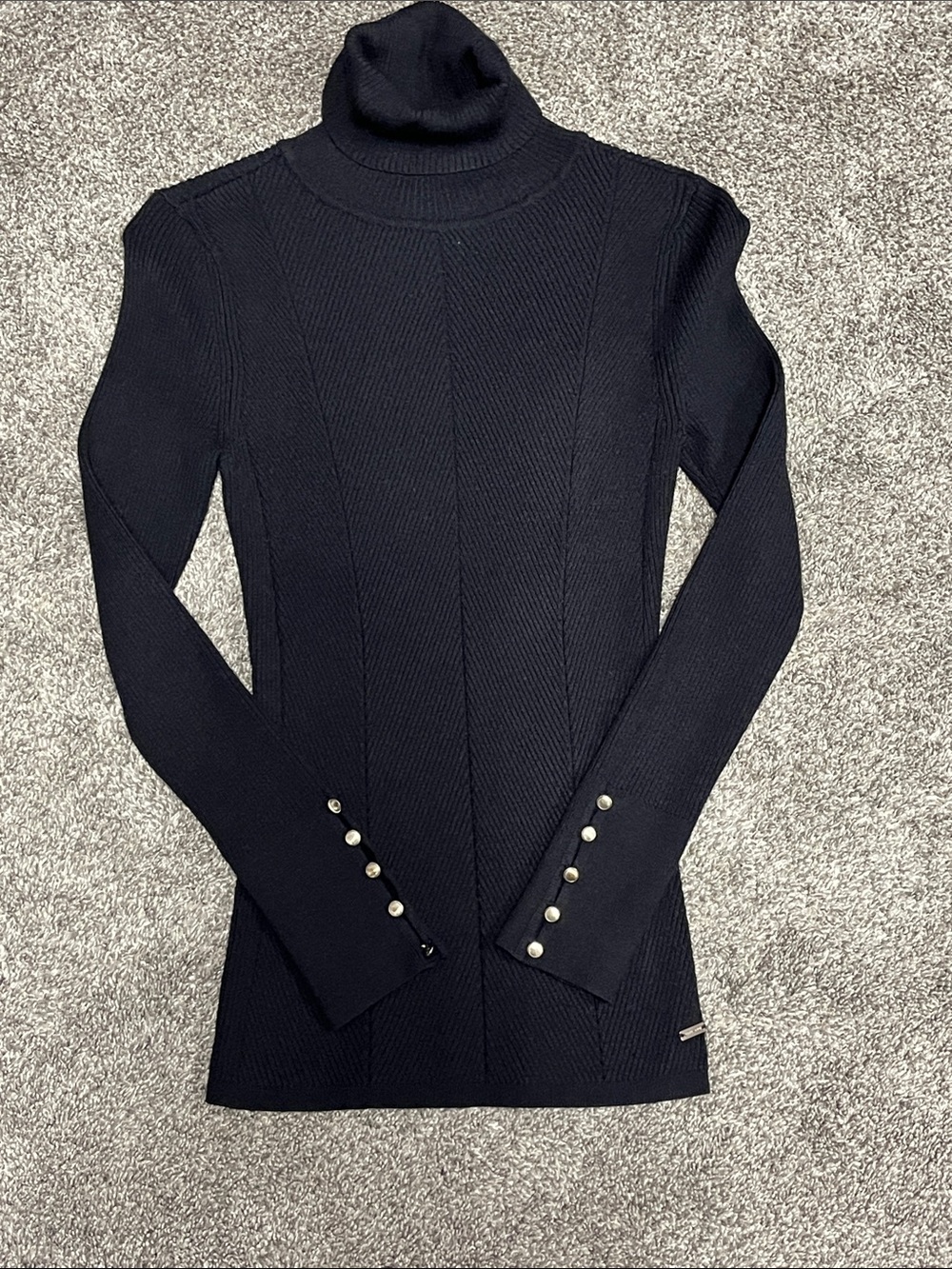 White House Black Market Ribbed Turtleneck Sweater with Button Cuffs - Black